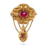 AN ANTIQUE VICTORIAN GARNET LOCKET BROOCH in yellow gold, the ornate body set with an oval caboch...