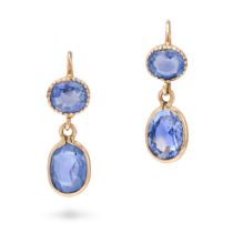A PAIR OF SAPPHIRE DROP EARRINGS in yellow gold, each set with a cushion cut sapphire suspending ...
