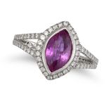NO RESERVE - A PINK SAPPHIRE AND DIAMOND RING in platinum, set with a marquise cut pink sapphire ...