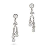 A PAIR OF DIAMOND DROP EARRINGS each set with a round brilliant cut diamond suspending two articu...