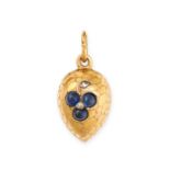 AN ANTIQUE SAPPHIRE AND DIAMOND CLOVER EGG PENDANT in yellow gold, the patinated body with a thre...