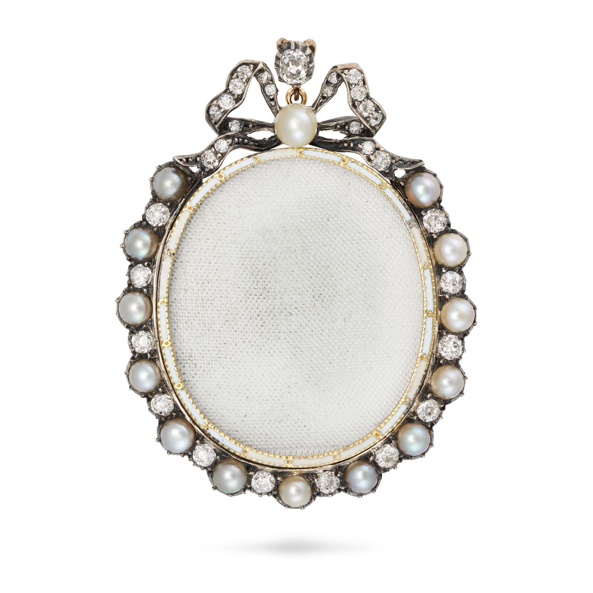 AN ANTIQUE VICTORIAN DIAMOND, PEARL AND ENAMEL LOCKET PENDANT in yellow gold and silver, comprisi...