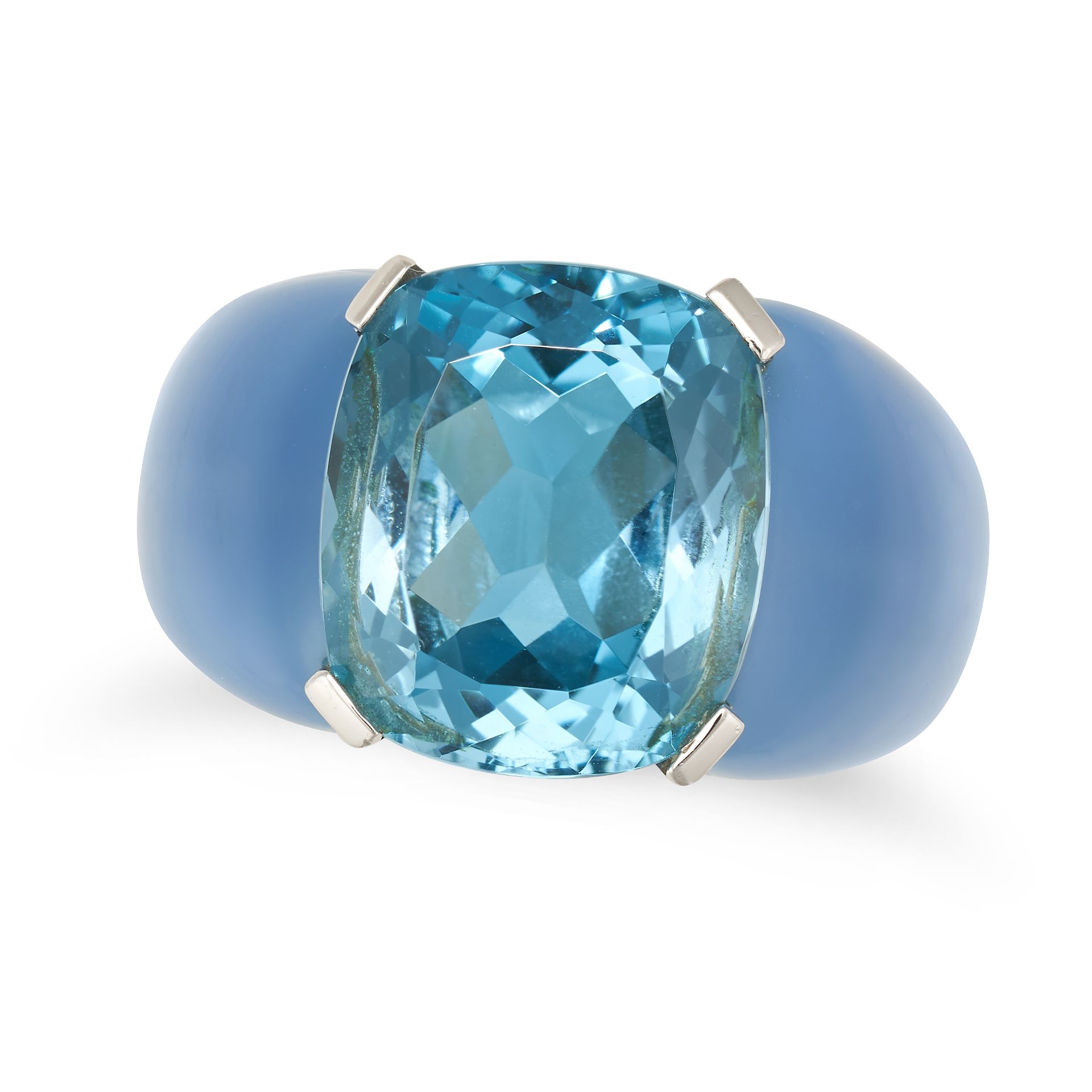 A BLUE TOPAZ AND CHALCEDONY RING in 18ct white gold, set with a cushion cut blue topaz of approxi...