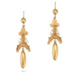 A PAIR OF ANTIQUE VICTORIAN ETRUSCAN REVIVAL DROP EARRINGS in 15ct yellow gold, each earring desi...