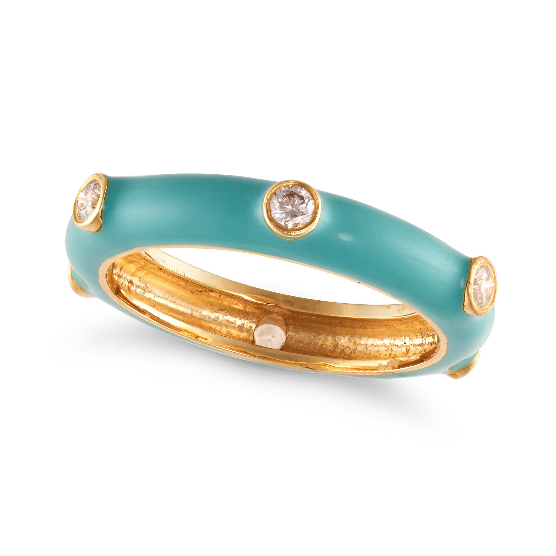 AN ENAMEL AND DIAMOND RING in 18ct yellow gold, the turquoise enamel band set with round brillian...