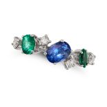 A SAPPHIRE, EMERALD AND DIAMOND BAND RING in 18ct white gold, set with an oval cut sapphire, an o...