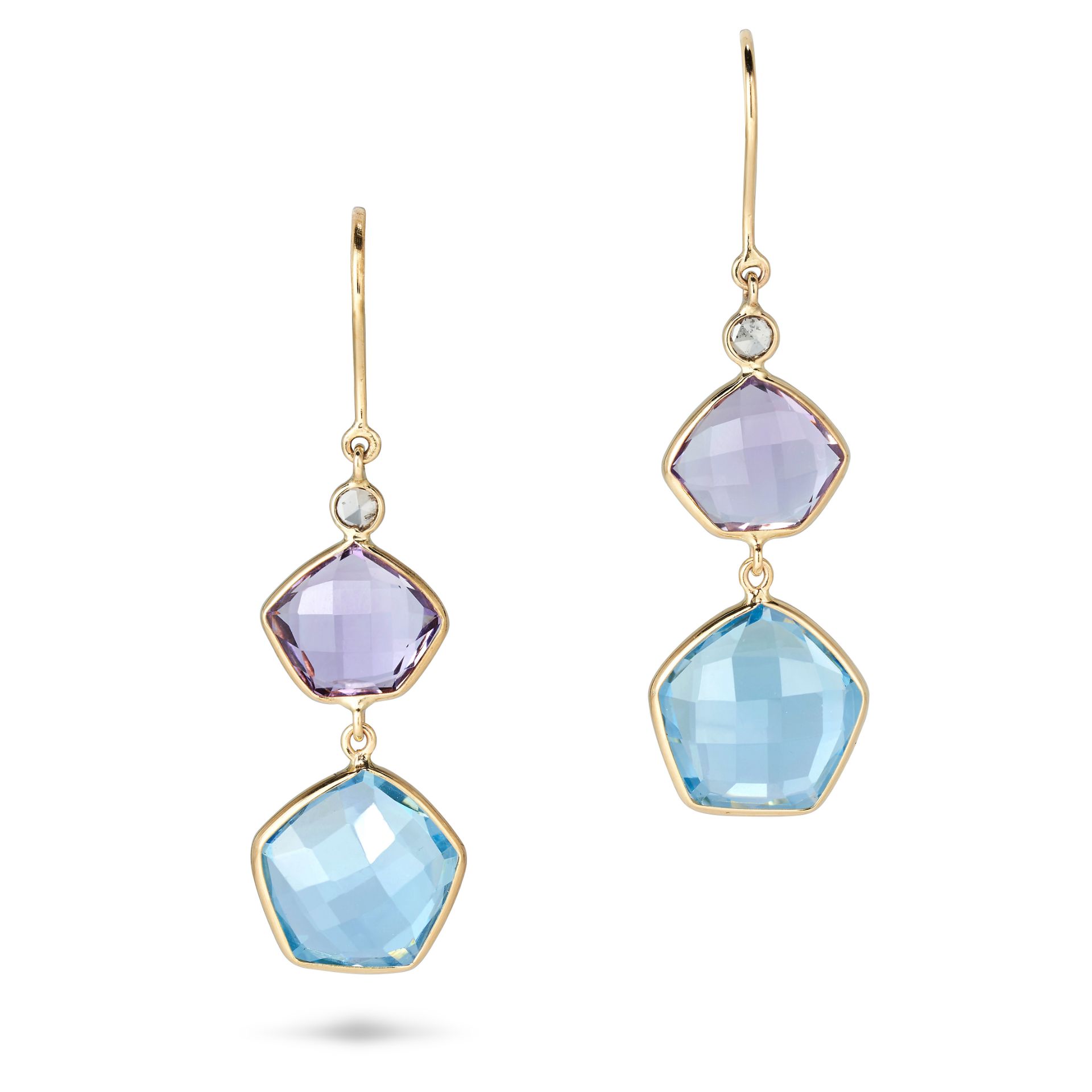 A PAIR OF TOPAZ, AMETHYST AND DIAMOND DROP EARRINGS in 18ct yellow gold, each comprising a row of...