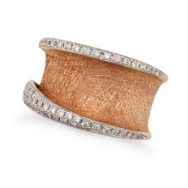 A DIAMOND DRESS RING in 18ct rose and white gold, the textured rose gold ring accented by white g...