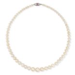 A NATURAL SALTWATER PEARL, RUBY AND DIAMOND NECKLACE in white gold, comprising a single row of na...