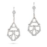 A PAIR OF DIAMOND DROP EARRINGS in white gold, each comprising a cluster of round brilliant cut d...