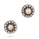 A PAIR OF ANTIQUE DIAMOND CLUSTER STUD EARRINGS in yellow gold and silver, each set with a cluste...