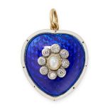 AN ANTIQUE PEARL, DIAMOND AND ENAMEL HEART PENDANT in yellow gold, set with a pearl in a cluster ...