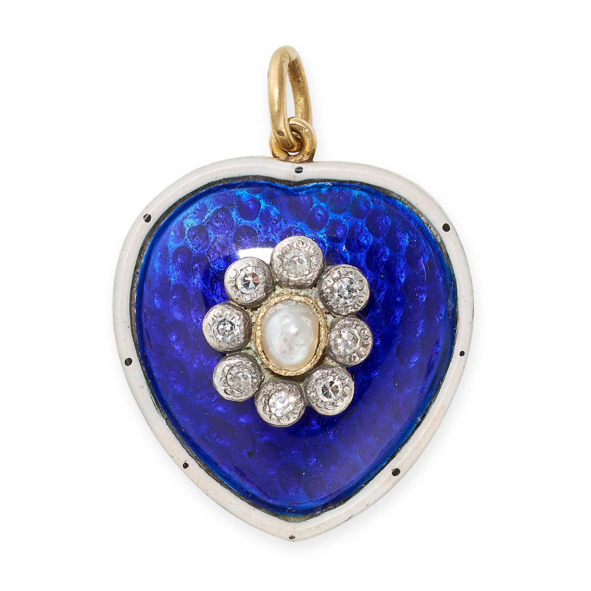 AN ANTIQUE PEARL, DIAMOND AND ENAMEL HEART PENDANT in yellow gold, set with a pearl in a cluster ...