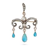 AN ANTIQUE DIAMOND, TURQUOISE AND PEARL BROOCH / PENDANT in yellow gold and silver, the scrolling...