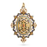 AN ANTIQUE IBERIAN EMERALD, DIAMOND AND ENAMEL PENDANT in yellow gold, set with an oval portrait ...