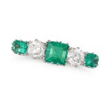 AN EMERALD AND DIAMOND FIVE STONE RING in 18ct yellow gold, set with three rectangular step cut e...