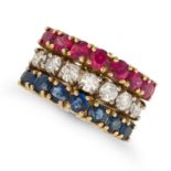 A RUBY, DIAMOND AND SAPPHIRE DRESS RING in 18ct yellow gold, comprising three rows of round cut r...