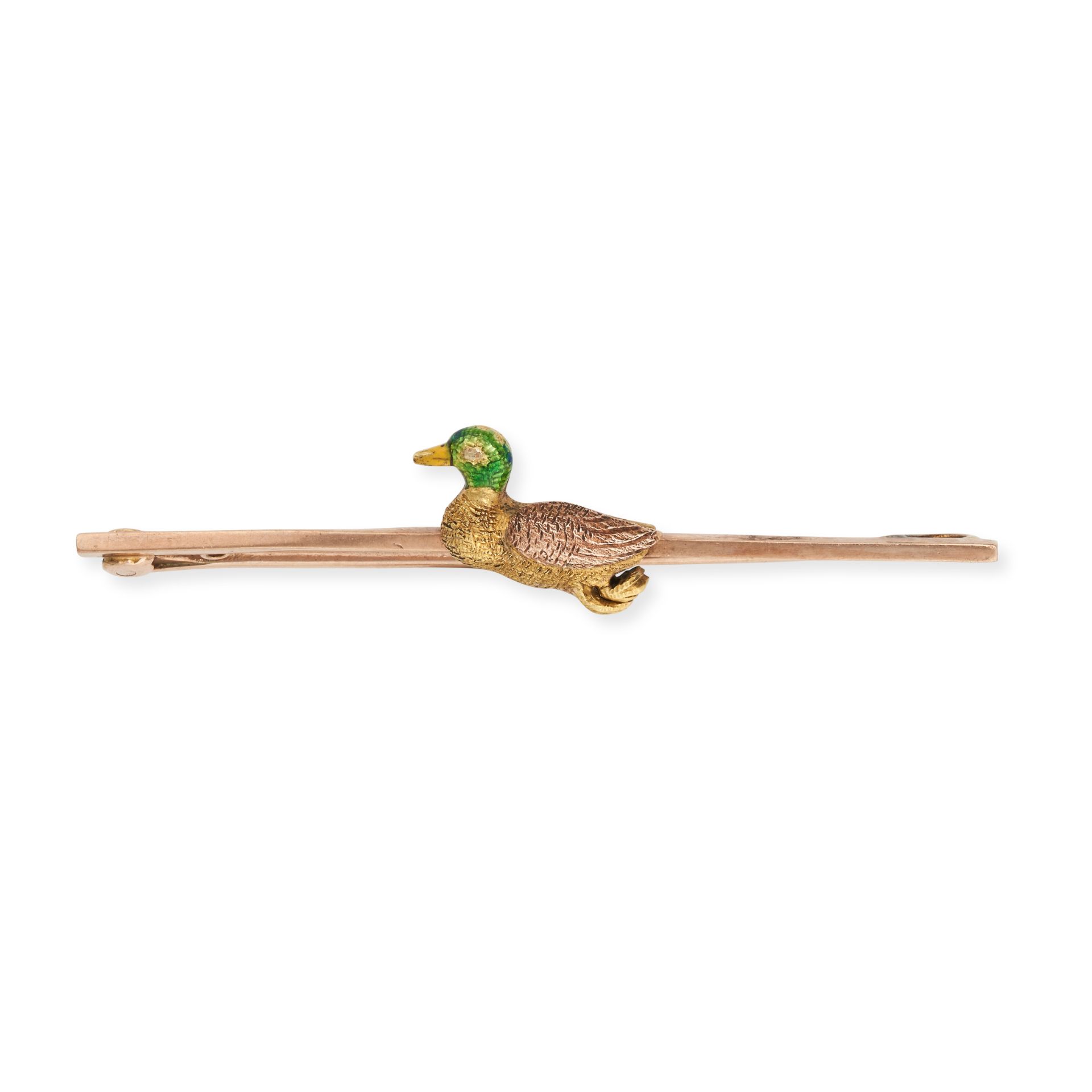 AN ANTIQUE ENAMEL DUCK BAR BROOCH in 15ct yellow gold, the bar with an applied duck motif, the he...