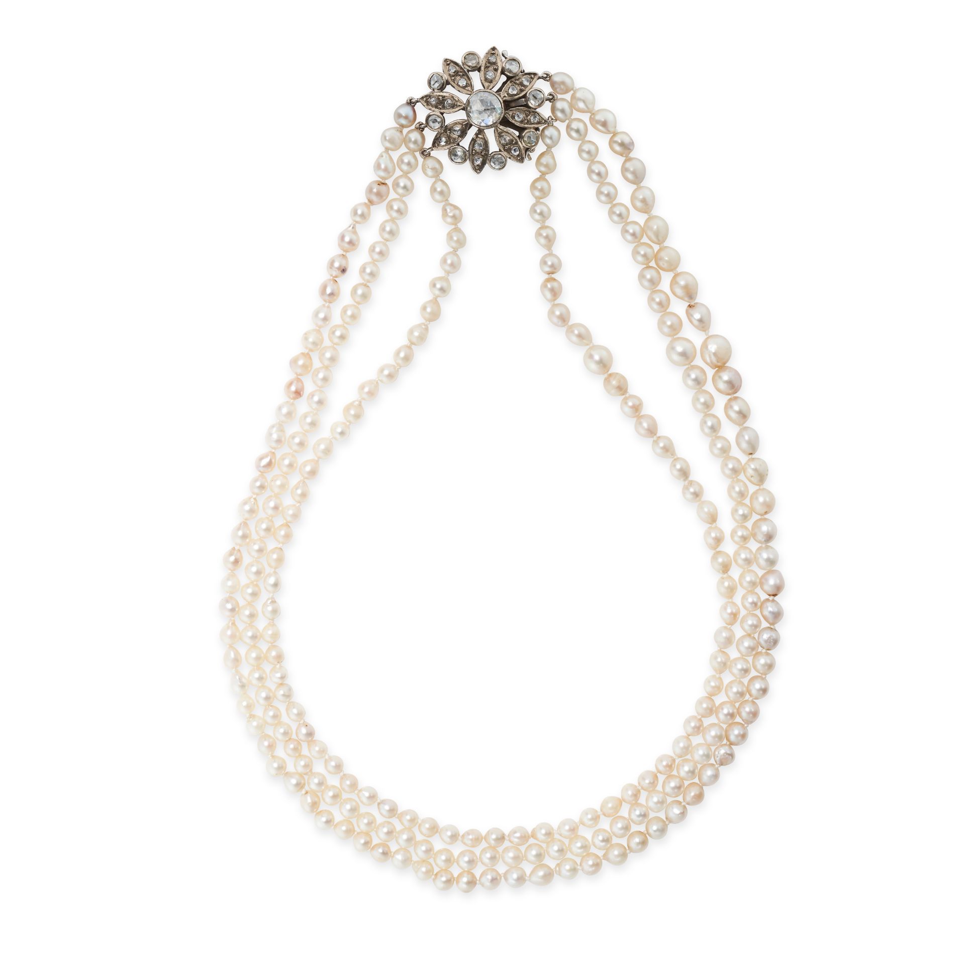 A PEARL AND DIAMOND NECKLACE in 14ct white gold, comprising three rows of pearls ranging from 4.9...