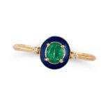 AN EMERALD AND ENAMEL RING in 14ct yellow gold, set with an oval cut emerald in a border of black...