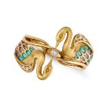 A PLIQUE A JOUR ENAMEL AND DIAMOND BIRD RING in 18ct yellow gold, designed as two mirrored crane ...