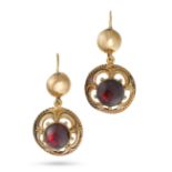 A PAIR OF ANTIQUE VICTORIAN GARNET EARRINGS in yellow gold, each earring set with a cabochon cut ...