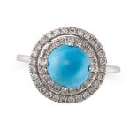 A TURQUOISE AND DIAMOND CLUSTER RING in 14ct white gold, set with a round cabochon turquoise in a...