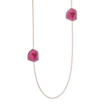 A PINK TOURMALINE SLICE AND DIAMOND NECKLACE in 18ct rose gold, comprising a trace chain set with...