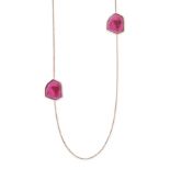 A PINK TOURMALINE SLICE AND DIAMOND NECKLACE in 18ct rose gold, comprising a trace chain set with...