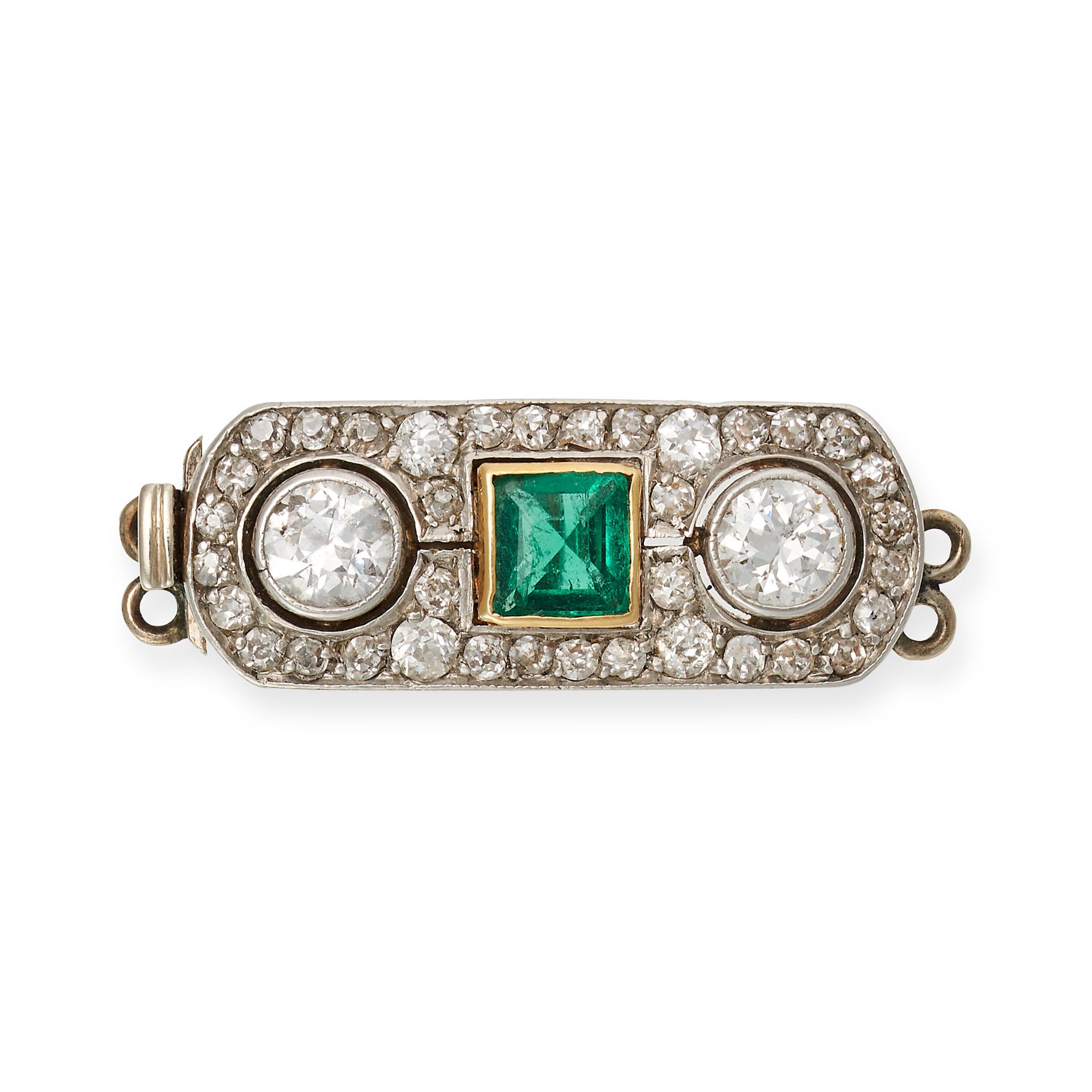 AN ANTIQUE EMERALD AND DIAMOND CLASP in yellow and white gold, set with a square step cut emerald...