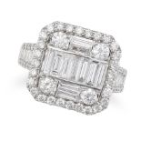 A DIAMOND ILLUSION CLUSTER RING in 18ct white gold, set with a cluster of round brilliant and bag...