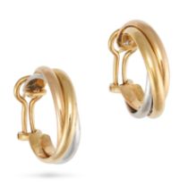A PAIR OF TRINITY HOOP EARRINGS in 18ct yellow, rose and white gold, each comprising three twiste...