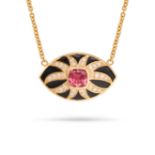 A PINK TOURMALINE, DIAMOND AND ENAMEL PENDANT NECKLACE in 18ct yellow gold, the pendant designed ...