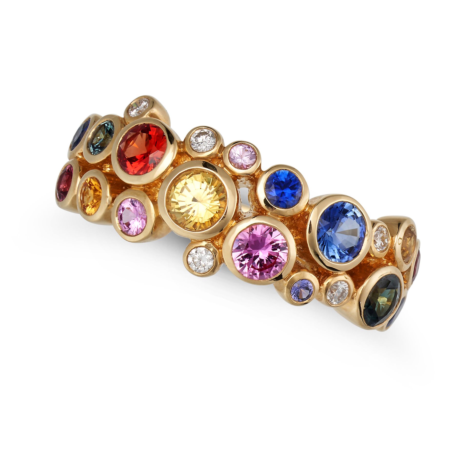 NO RESERVE - A MULTICOLOUR SAPPHIRE AND DIAMOND BUBBLE RING in 18ct yellow gold, set with round c...