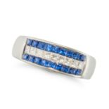 A SAPPHIRE AND DIAMOND DRESS RING in 18ct white gold, set with a row of princess cut diamonds acc...