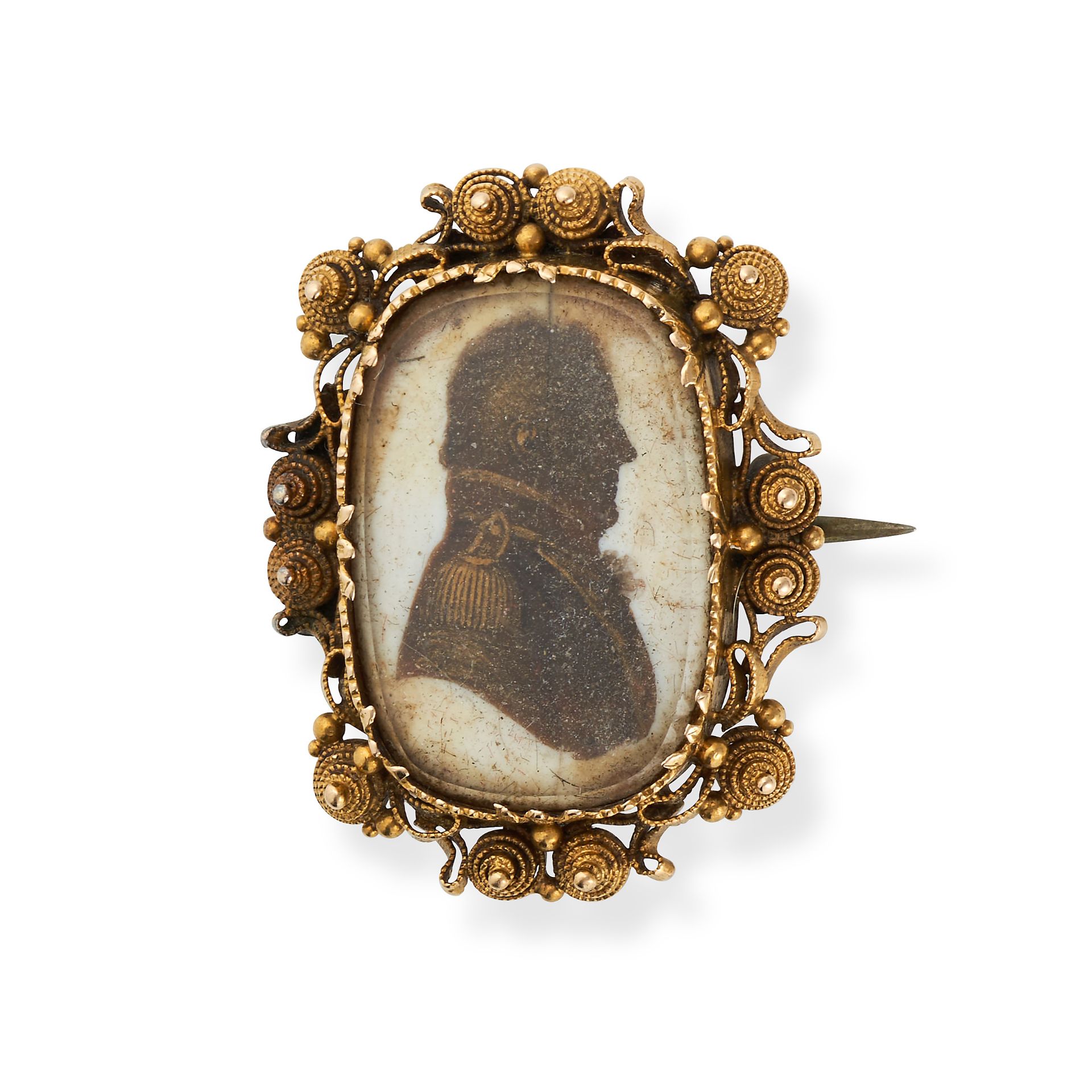 AN ANTIQUE PORTRAIT MINIATURE BROOCH in yellow gold, set with a portrait miniature of the profile...
