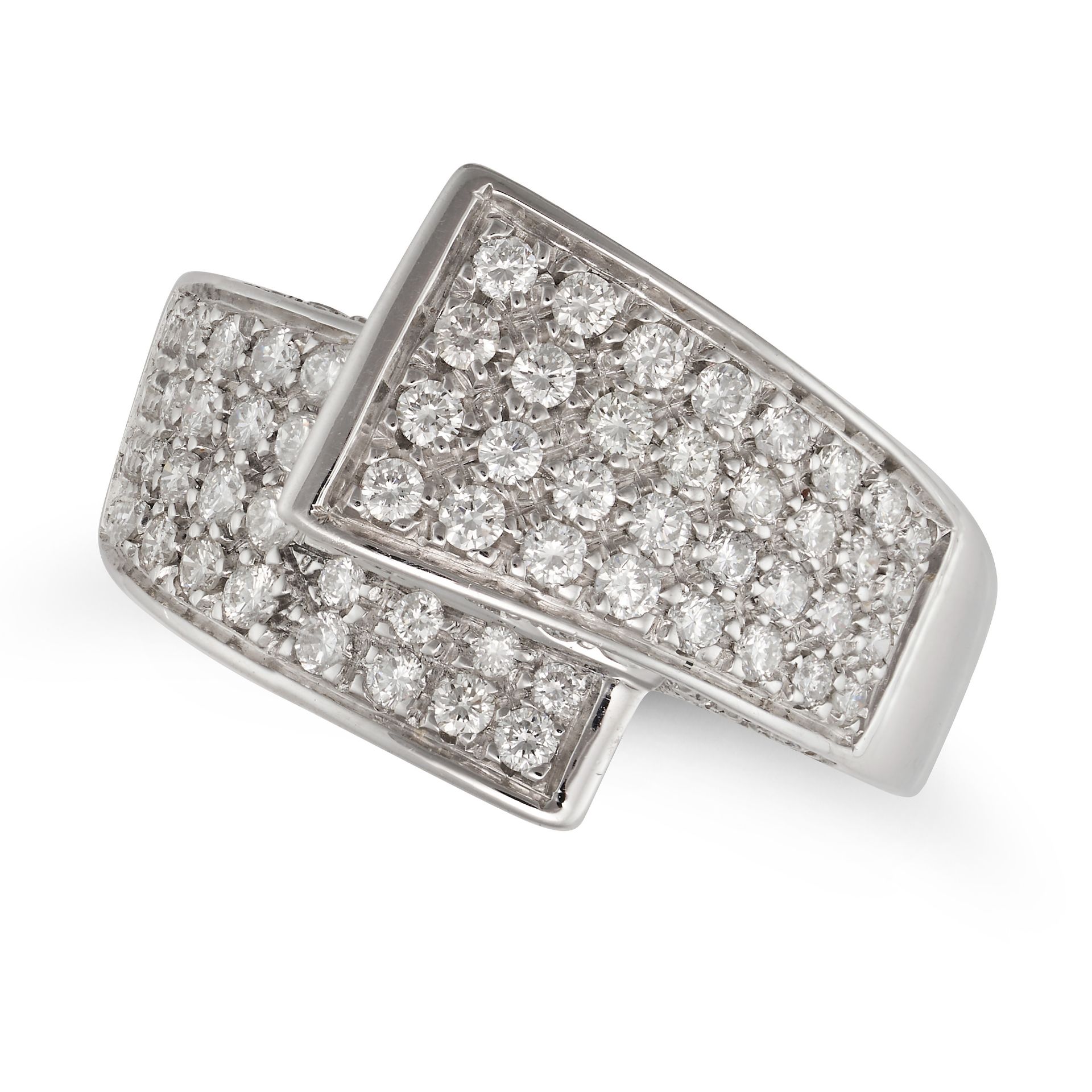 A DIAMOND DRESS RING in 18ct white gold, the stylised crossover ring pave set with round brillian...