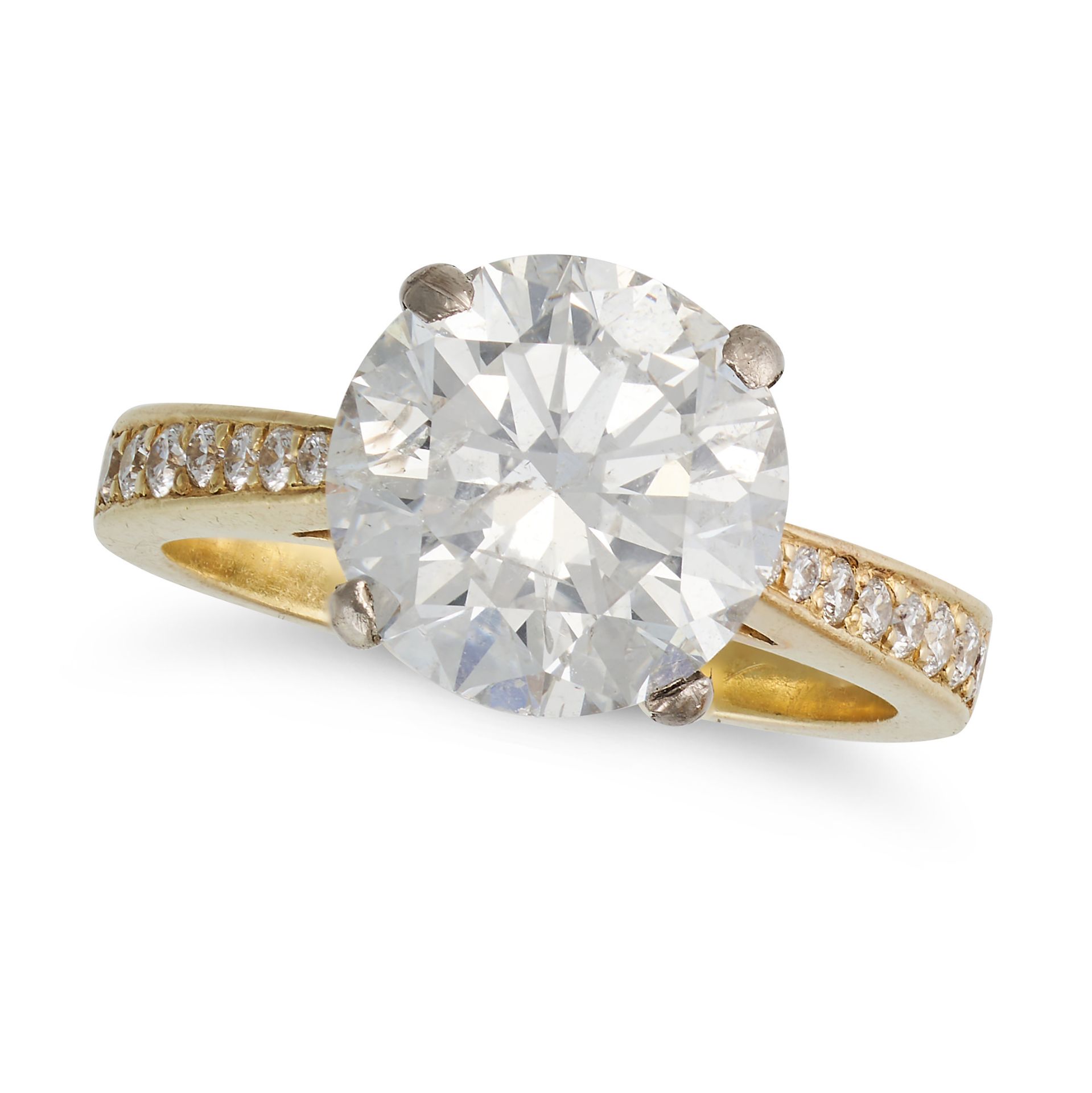 A 4.01 CARAT SOLITAIRE DIAMOND RING in 18ct yellow gold, set with a round brilliant cut diamond o...