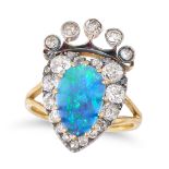 A FINE OPAL AND DIAMOND SWEETHEART RING in yellow gold and silver, designed to depict a heart sur...