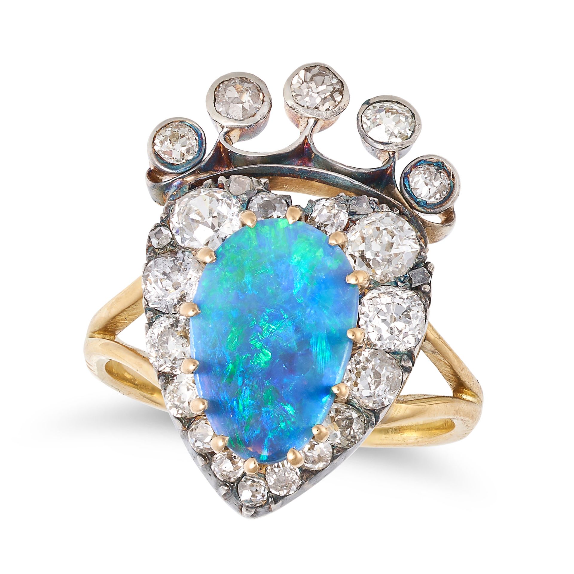 A FINE OPAL AND DIAMOND SWEETHEART RING in yellow gold and silver, designed to depict a heart sur...