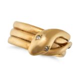A VINTAGE DIAMOND SNAKE RING in 9ct yellow gold, designed as a coiled snake, the eyes set with ol...