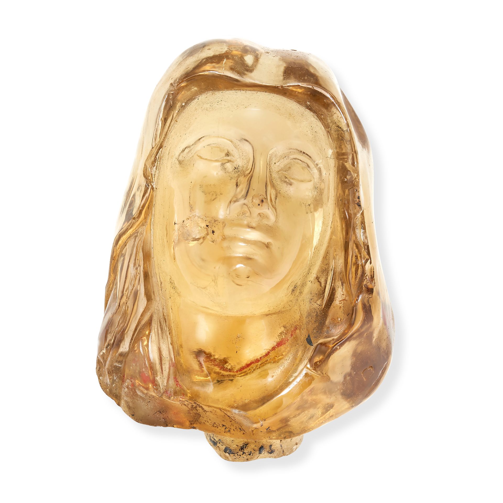 AN ANTIQUE CARVED CITRINE BOTTLE STOPPER carved from a single piece of citrine to depict the bust...
