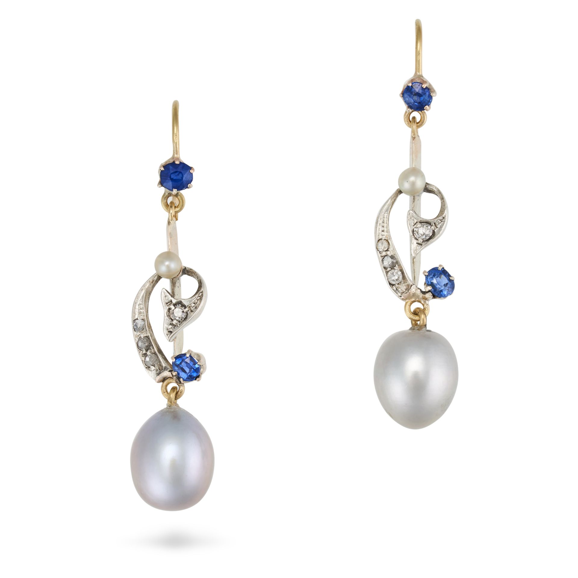 A PAIR OF SAPPHIRE, DIAMOND AND PEARL DROP EARRINGS each in a scrolling design set with single cu...