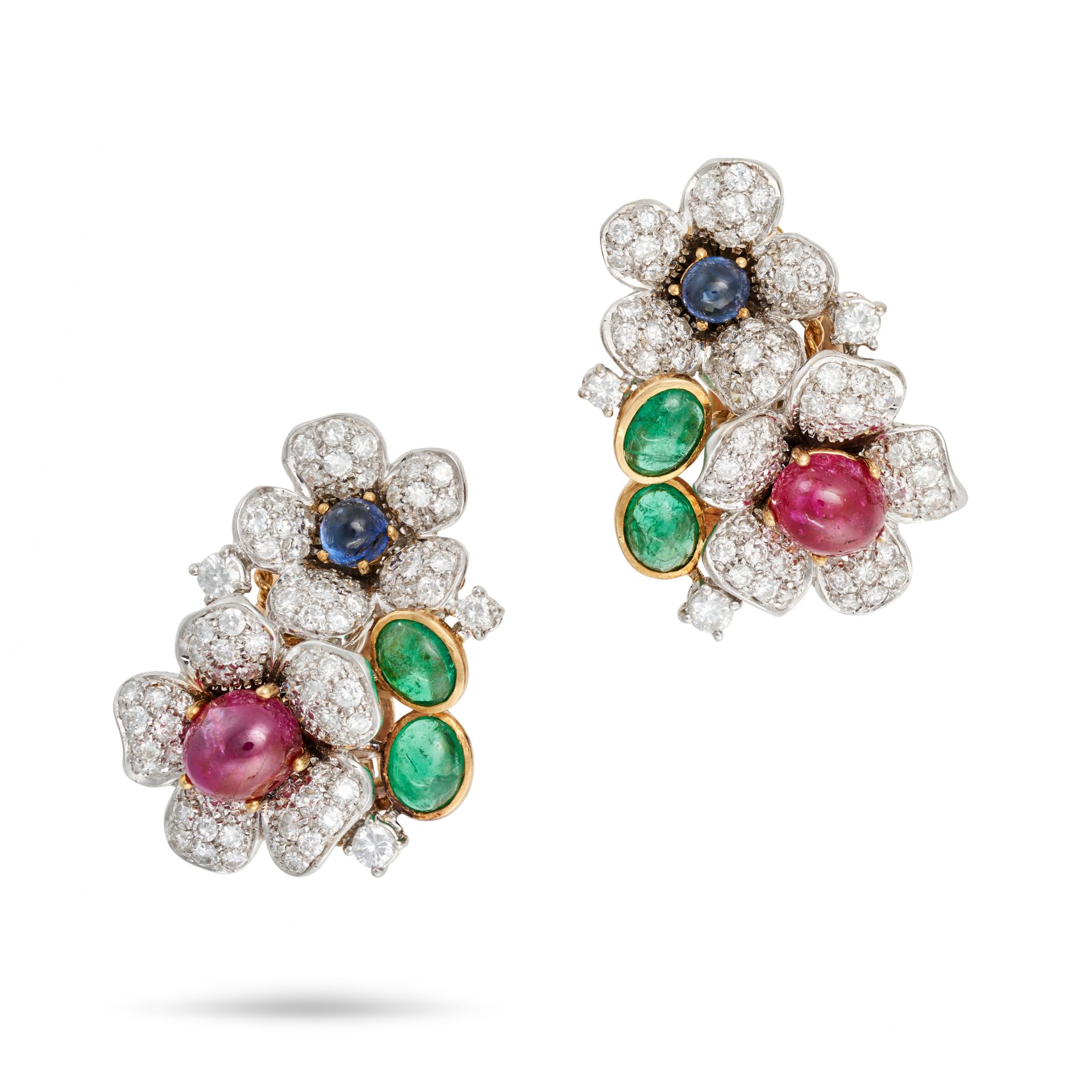 A PAIR OF RUBY, SAPPHIRE, EMERALD AND DIAMOND FLOWER CLIP EARRINGS in 18ct yellow and white gold,...