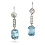 A PAIR OF AQUAMARINE AND DIAMOND DROP EARRINGS in white gold and silver, each comprising a row of...