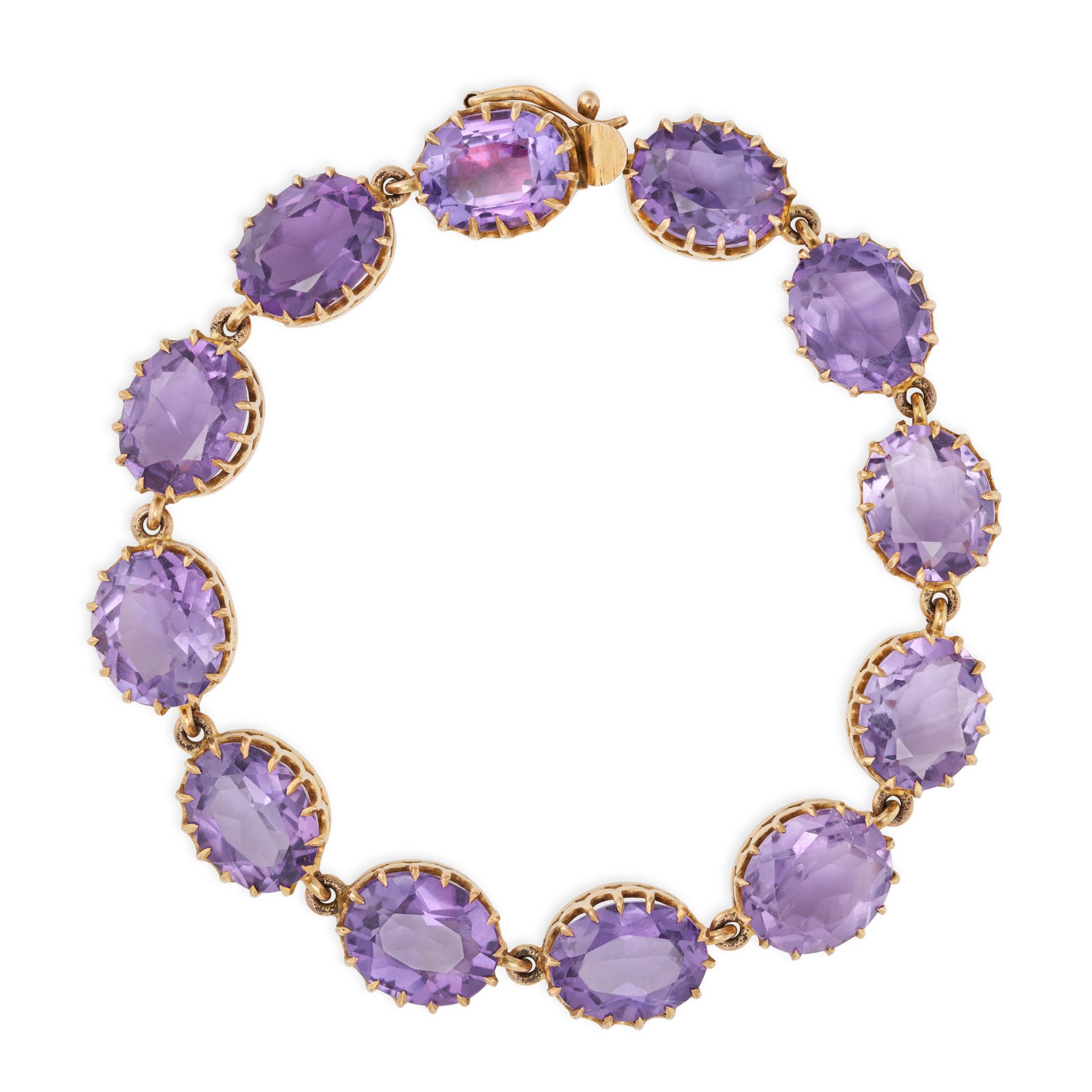 AN ANTIQUE AMETHYST BRACELET in yellow gold, comprising a row of oval cut amethysts, no assay mar...