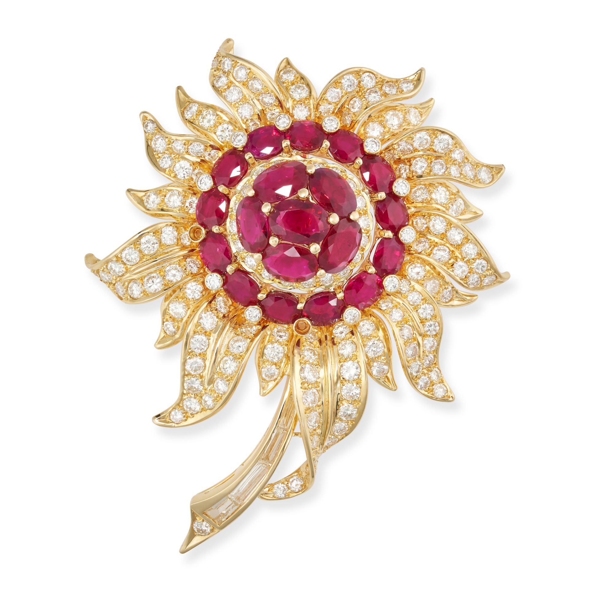 A RUBY AND DIAMOND FLOWER BROOCH in yellow gold, designed as a flower set with a cluster of oval ...