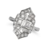 A DIAMOND DRESS RING in 18ct white gold, the Art Deco style openwork ring set with a baguette cut...