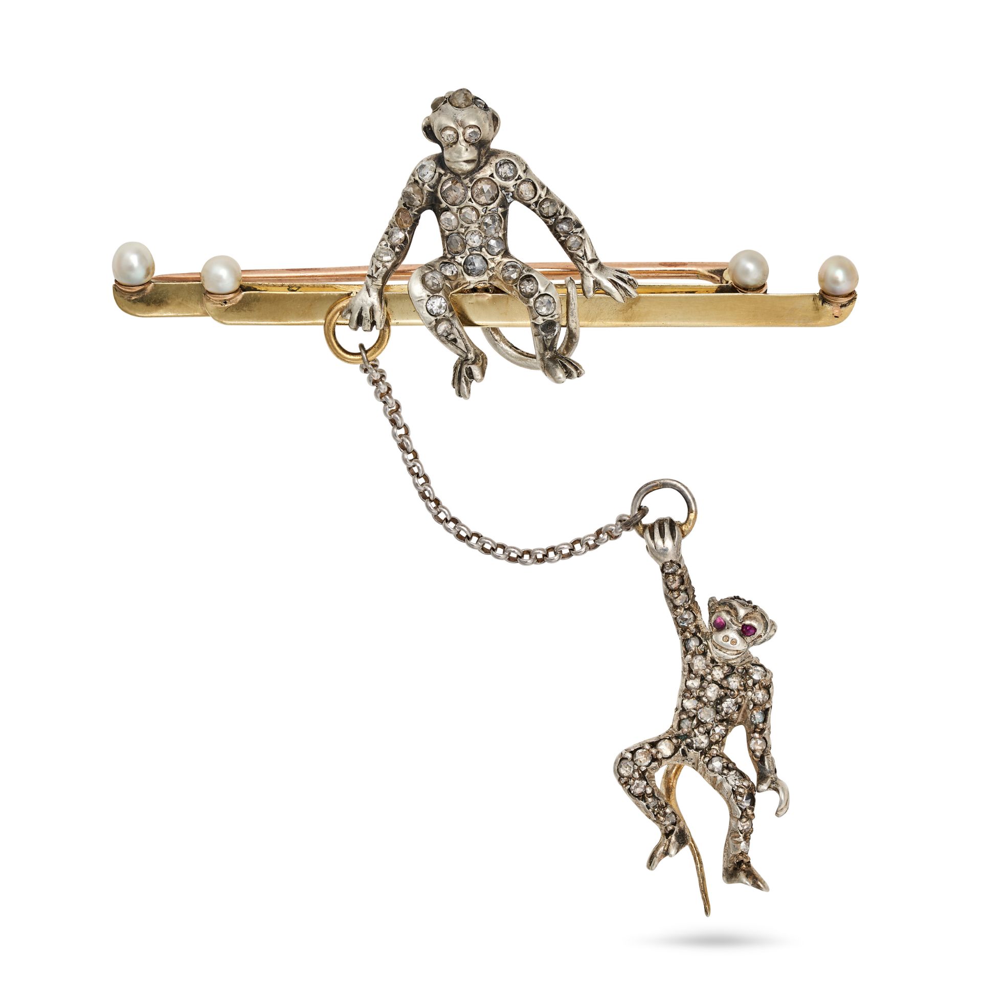 AN ANTIQUE VICTORIAN DIAMOND, RUBY AND PEARL MONKEY BAR BROOCH in 9ct yellow gold and silver, des...