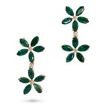A PAIR OF EMERALD AND DIAMOND FLOWER DROP EARRINGS in 14ct yellow gold, each set with a round cut...